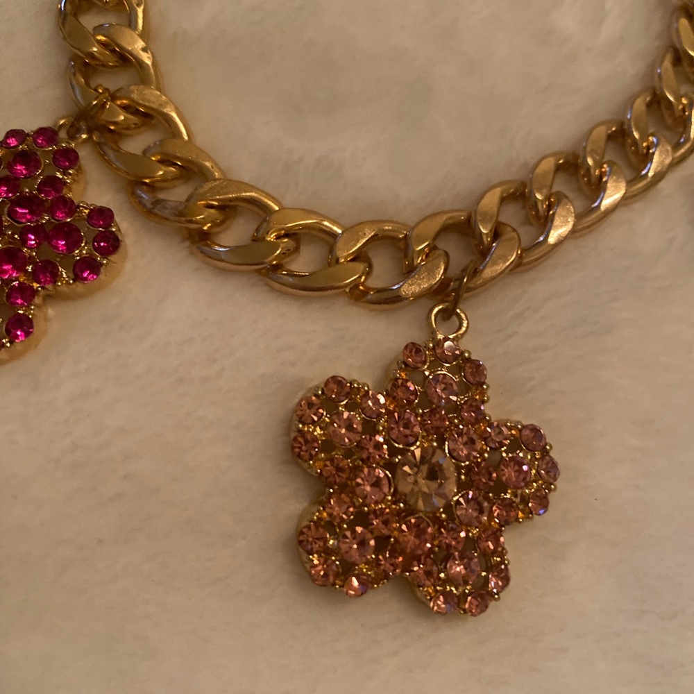 Gold Chain Necklace with Multicolor Flower Charms - Picture 2 of 3